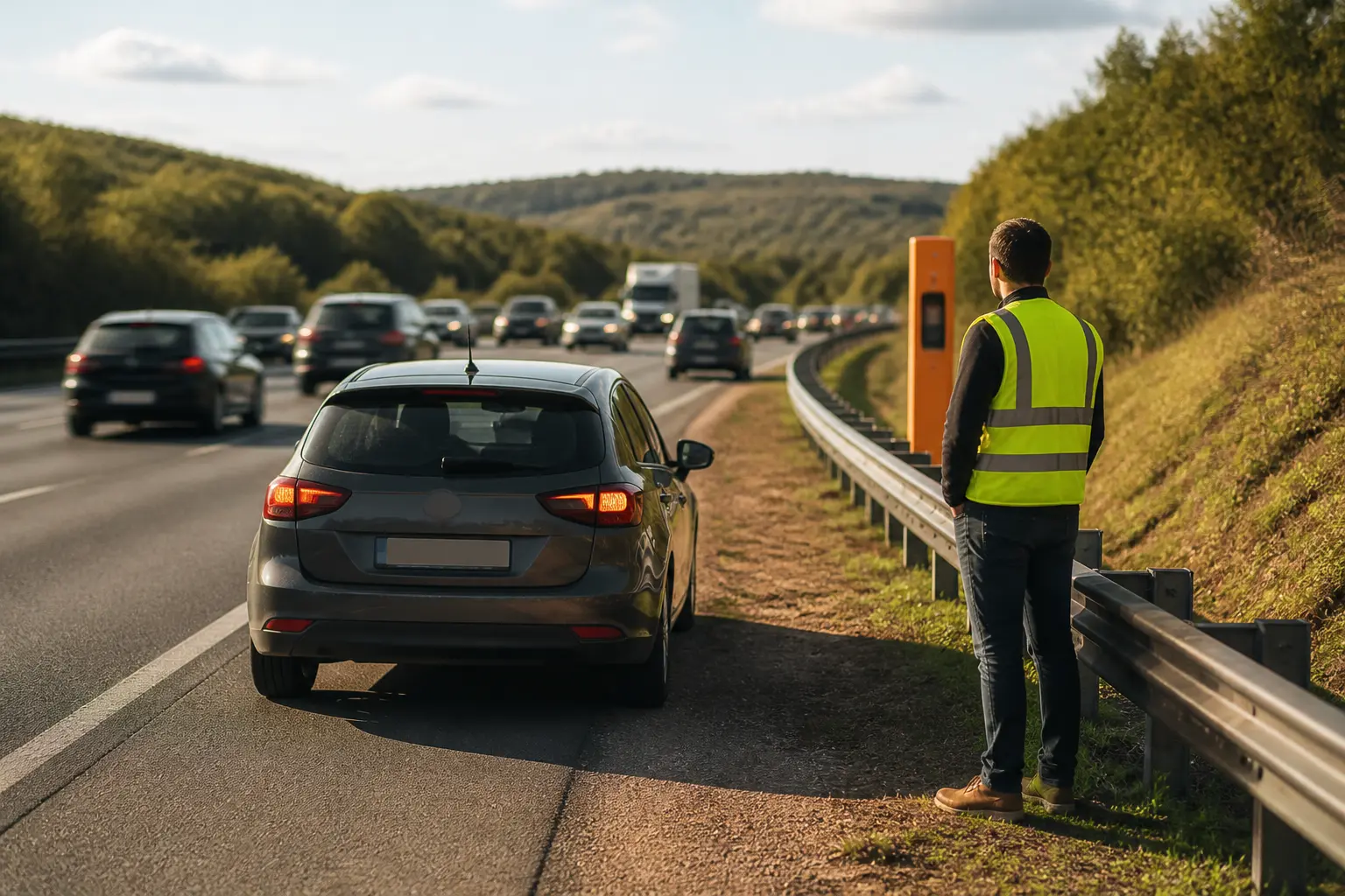Voiture en panne sur la bande d'arrêt d'urgence d'une autoroute française, conducteur en gilet réfléchissant derrière la glissière.