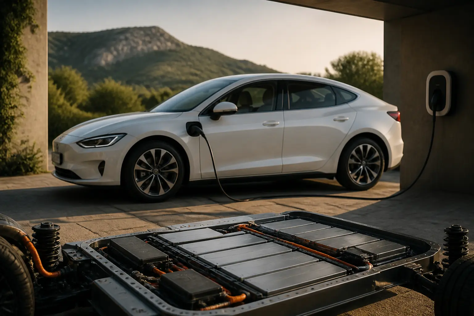 Batterie voiture electrique d’un véhicule moderne, vue premium réaliste avec pack partiellement visible, lumière naturelle chaude.
