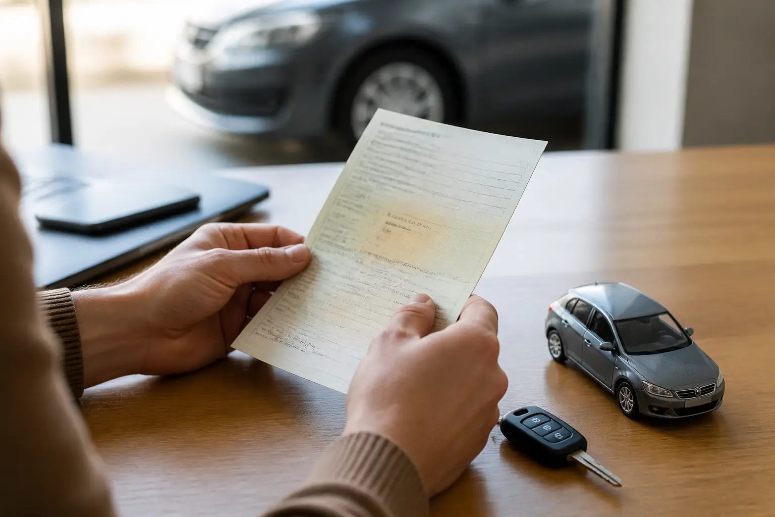 Carte grise p1 vérifiée sur un document de véhicule d’occasion, clés et mini voiture sur bureau, ambiance pro