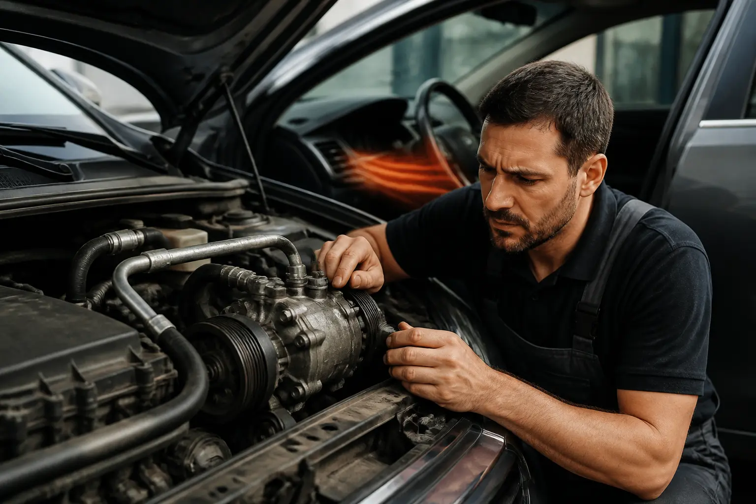 Mécanicien inspectant le compresseur de clim d’une voiture capot ouvert, diagnostic en atelier, style réaliste premium