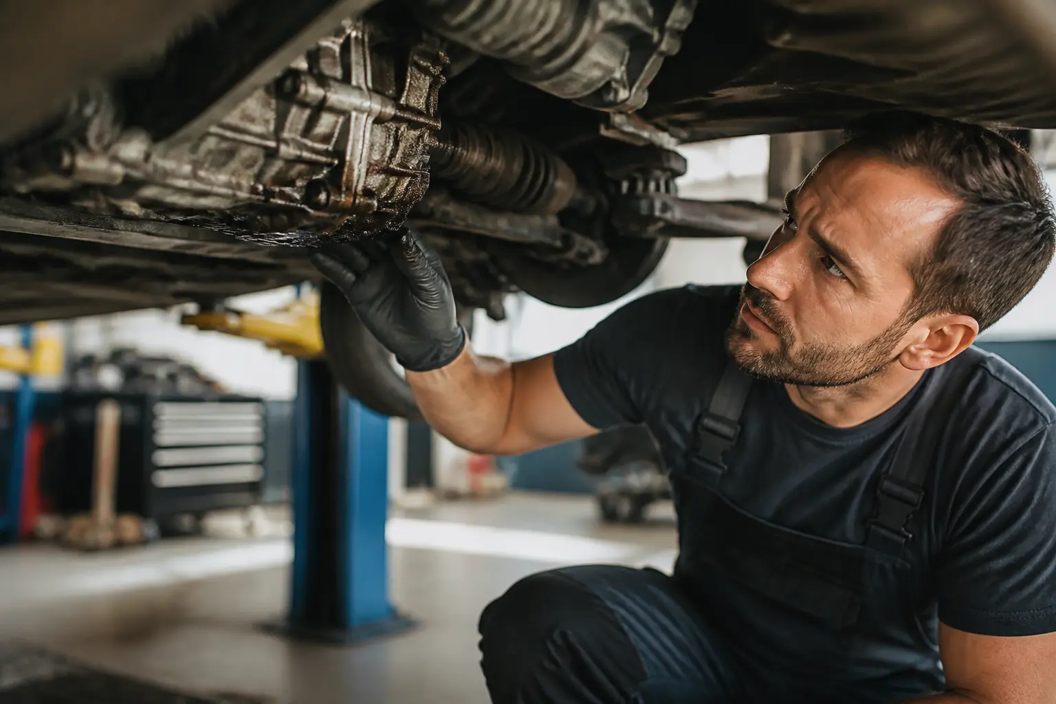 Mécanicien inspectant une fuite d’huile liée à un joint spi sous une voiture sur pont dans un garage professionnel