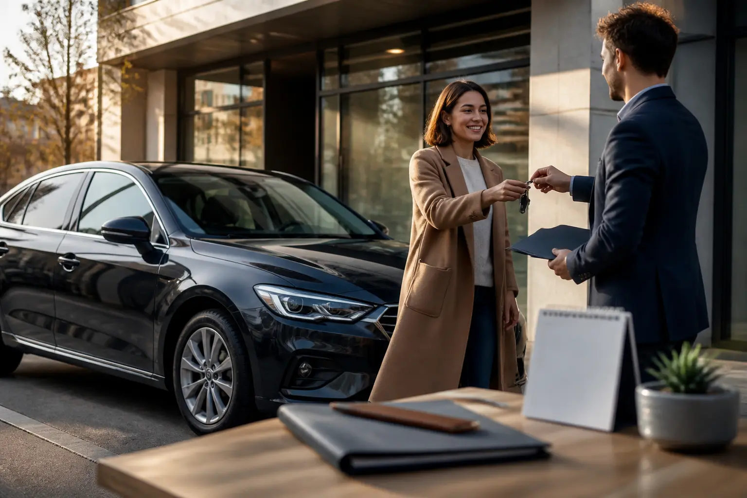 Location de voiture au mois : voiture moderne devant une agence, clés et dossier, solution temporaire pratique et fiable