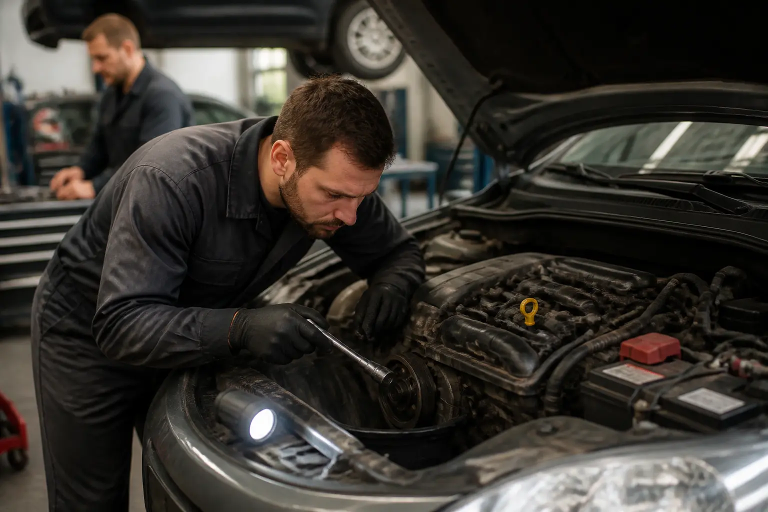 Mécanicien diagnostiquant un moteur grippé dans un garage, capot ouvert, outils et huile visibles, ambiance technique.