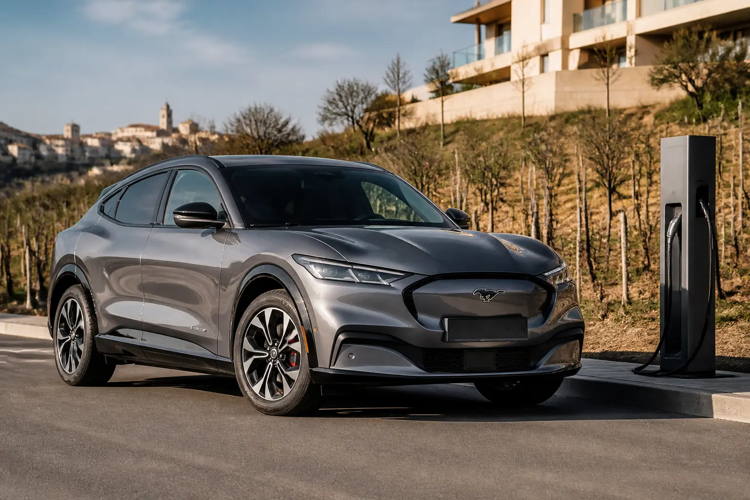 Mustang electrique Ford Mach-E près d’une borne, SUV sportif sur route moderne, ambiance éditoriale premium française