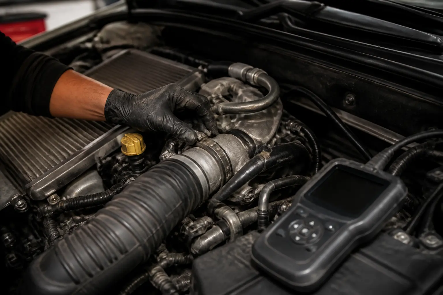 Mécanicien inspectant un moteur moderne avec diagnostic p0299, durites turbo, intercooler et scanner OBD2 connecté