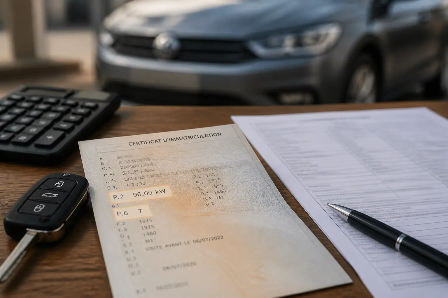 p2 carte grise sur certificat d’immatriculation français, clés, calculatrice et document technique sur un bureau, voiture floue en fond