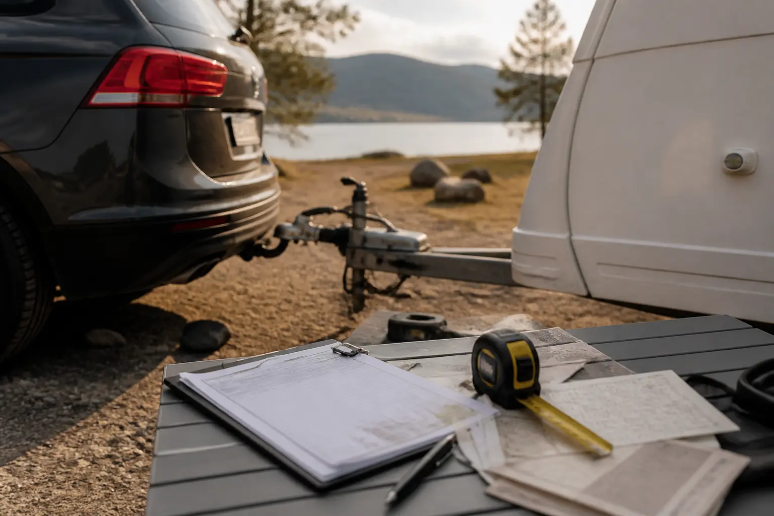 Permis B96 : SUV attelé à une caravane, papiers et mètre ruban pour vérifier la conformité avant départ
