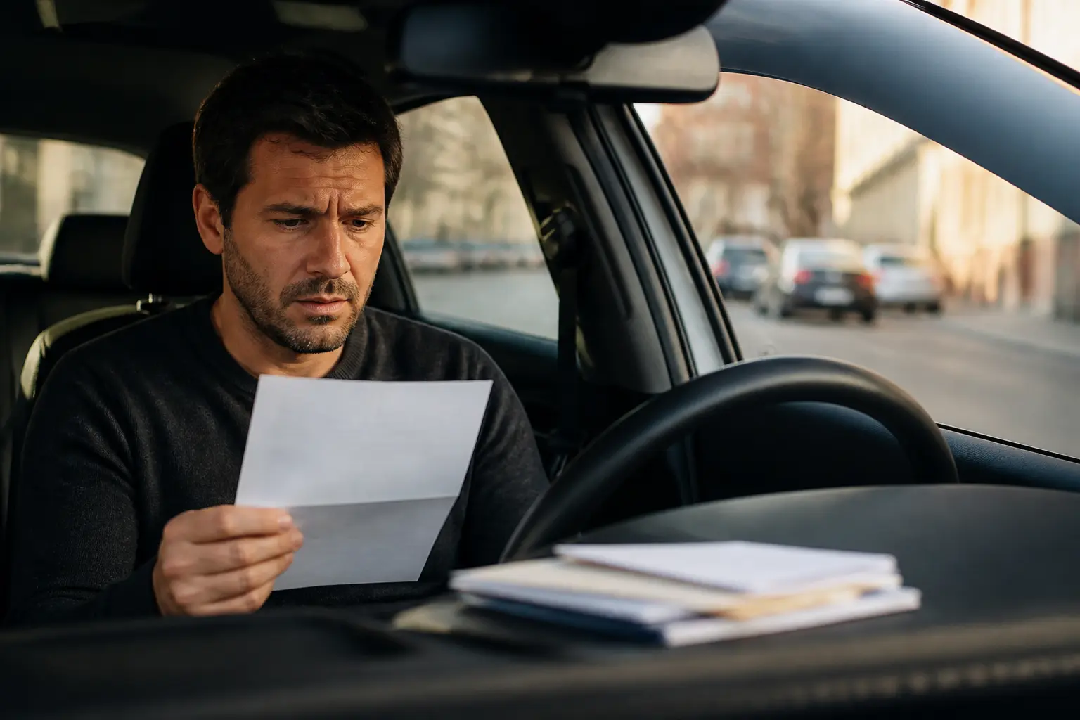 Conducteur français inquiet en voiture, lettre en main, illustrant la recuperation des points sur permis en France