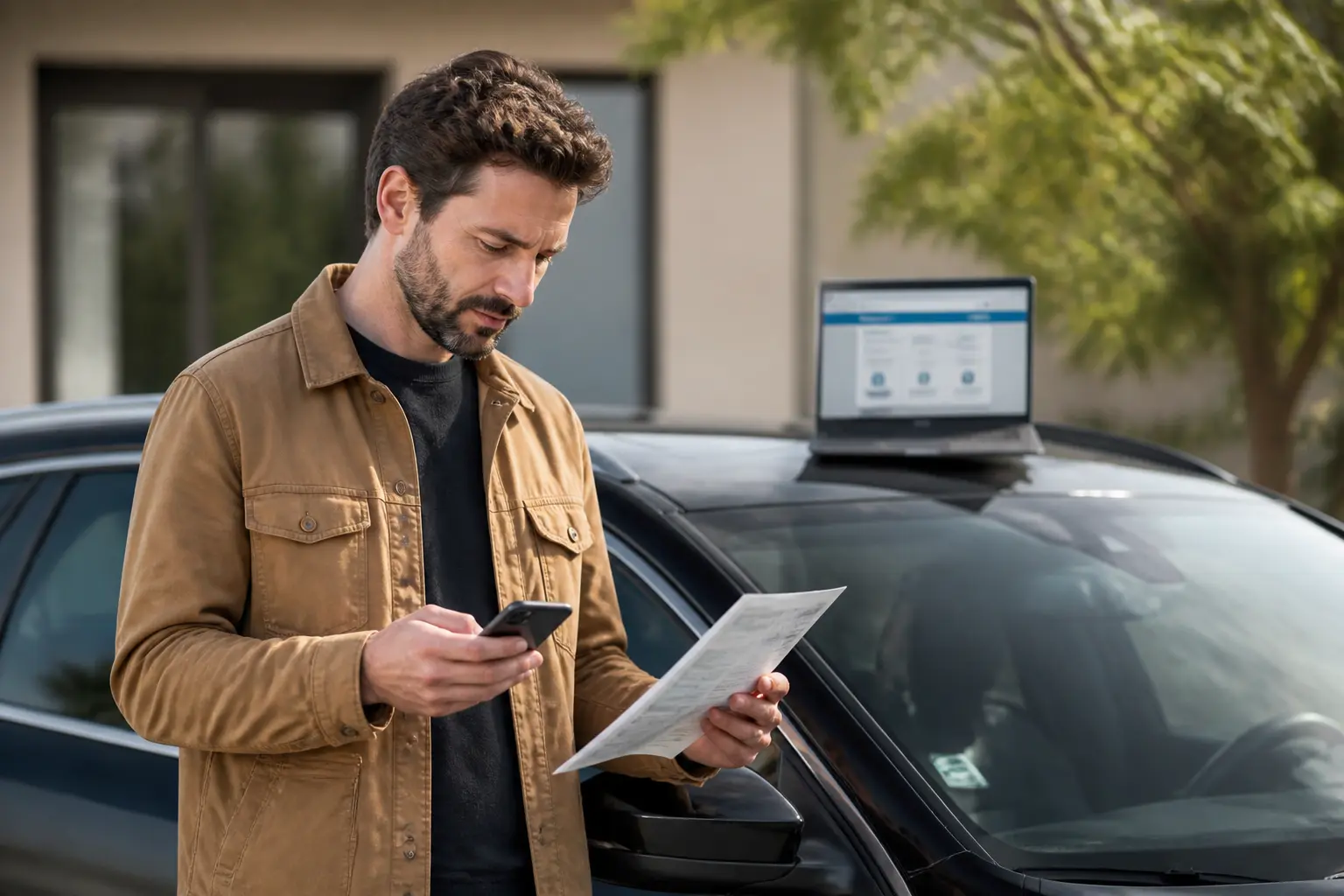 Conducteur français vérifiant un relevé d'information restreint sur smartphone et PDF près d'une voiture