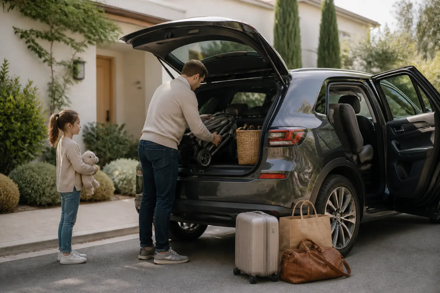 Voiture familiale moderne devant une maison, parent chargeant une poussette, sièges enfants visibles et sacs de voyage.
