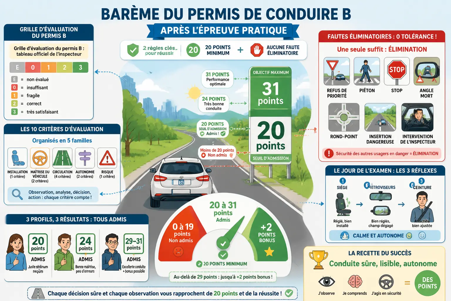 Infographie bareme permis de conduire B : 20 points minimum, critères, fautes éliminatoires et conseils