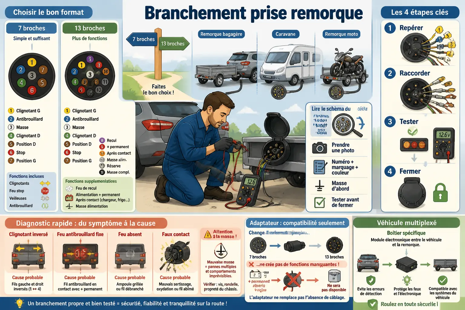 Infographie sur le branchement prise remorque : choix 7 ou 13 broches, schémas, tests et dépannage.