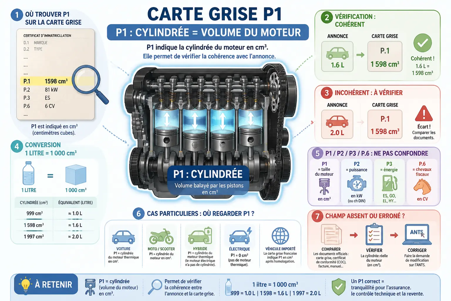Infographie carte grise P1 : cylindrée du moteur, comparaison avec P2, P3 et P.6, exemples et vérification