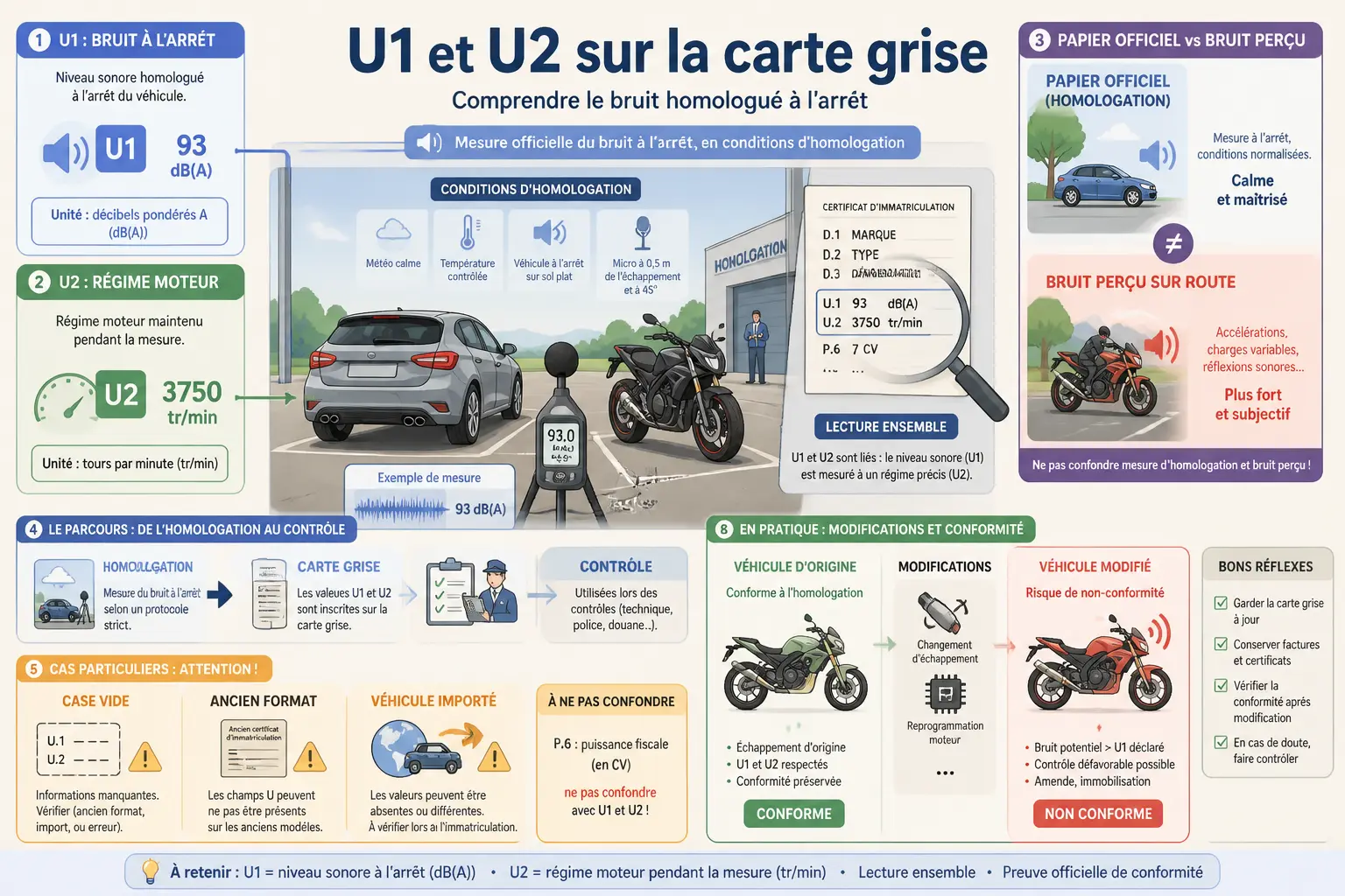 Infographie sur la carte grise u1 et u2 : bruit à l’arrêt, régime moteur, conformité et homologation