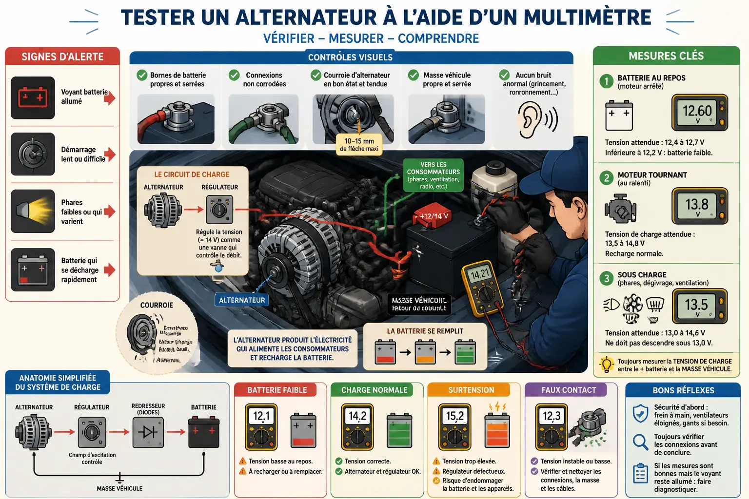 Infographie sur comment tester un alternateur avec multimètre : symptômes, contrôles et mesures clés.