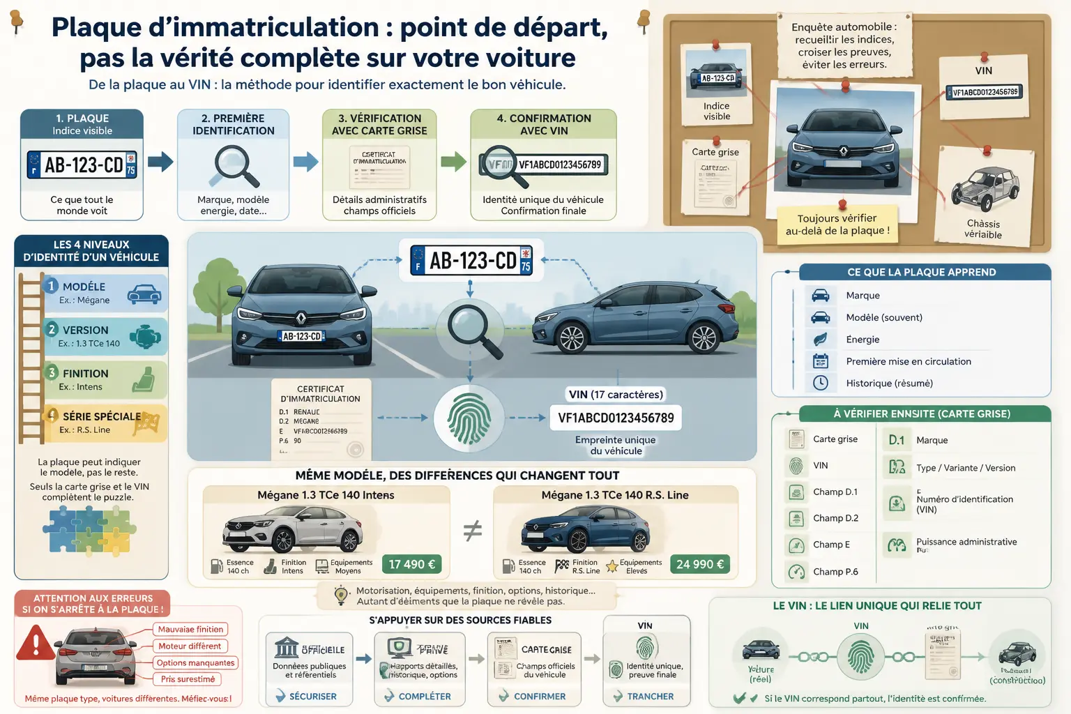 Infographie sur connaître modèle voiture avec plaque immatriculation, carte grise, VIN et vérifications clés