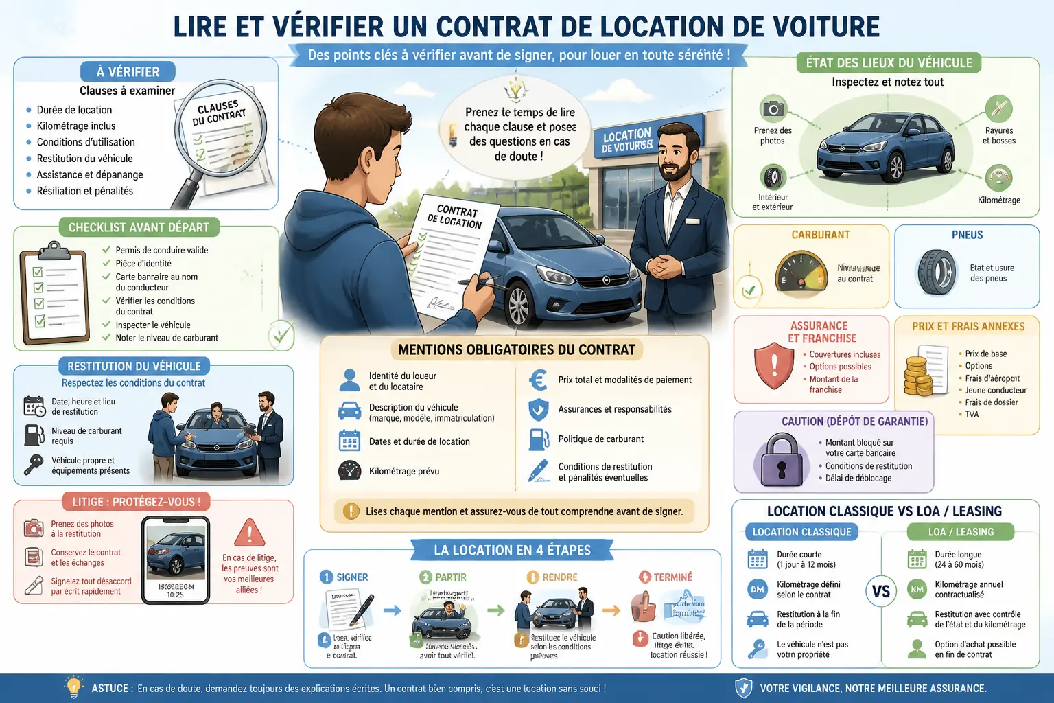 Infographie sur le contrat de location de voiture : clauses, assurance, caution, restitution et litige