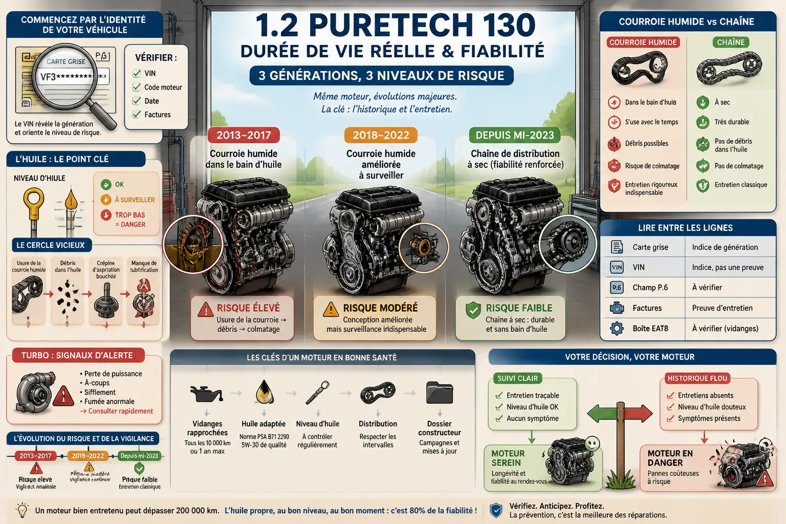 Infographie sur la durée de vie moteur 1.2 puretech 130 : générations, risques, entretien et contrôle VIN.