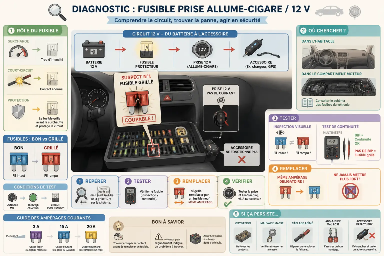 Infographie sur le fusible allume cigare : diagnostic, test au multimètre, remplacement et circuit 12 V
