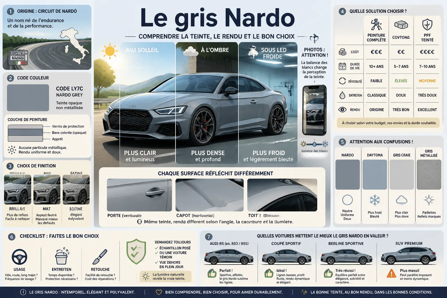 Infographie sur le gris Nardo : rendu au soleil, à l’ombre, sous LED et choix de finition.