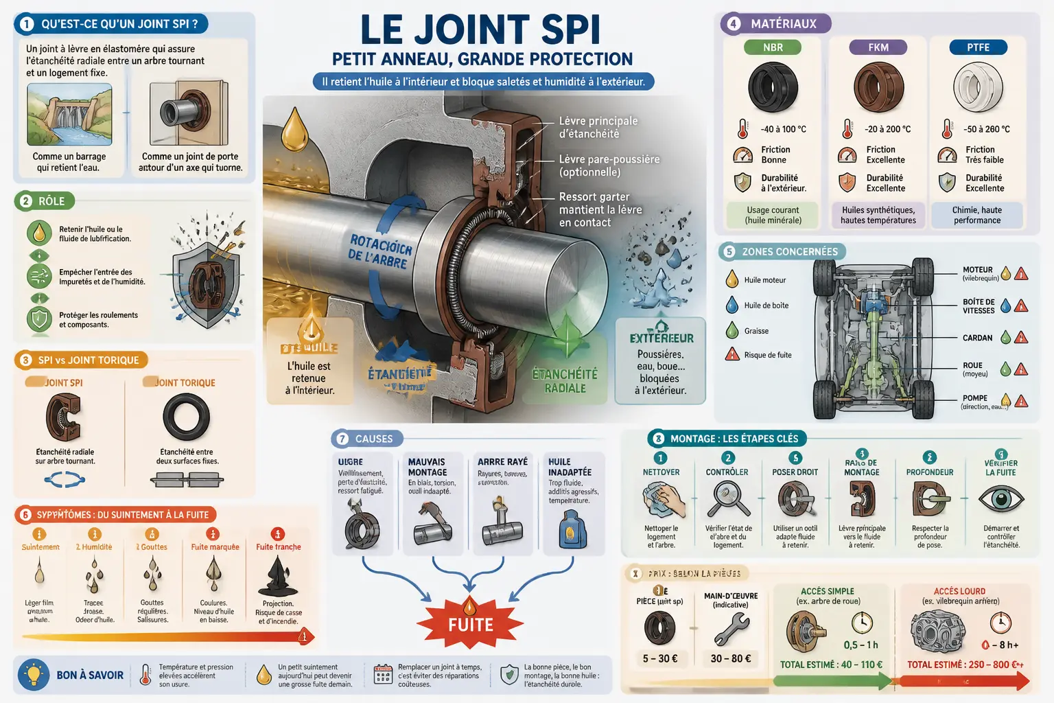 Infographie du joint spi en voiture : rôle, matériaux, symptômes, montage, prix et zones concernées.