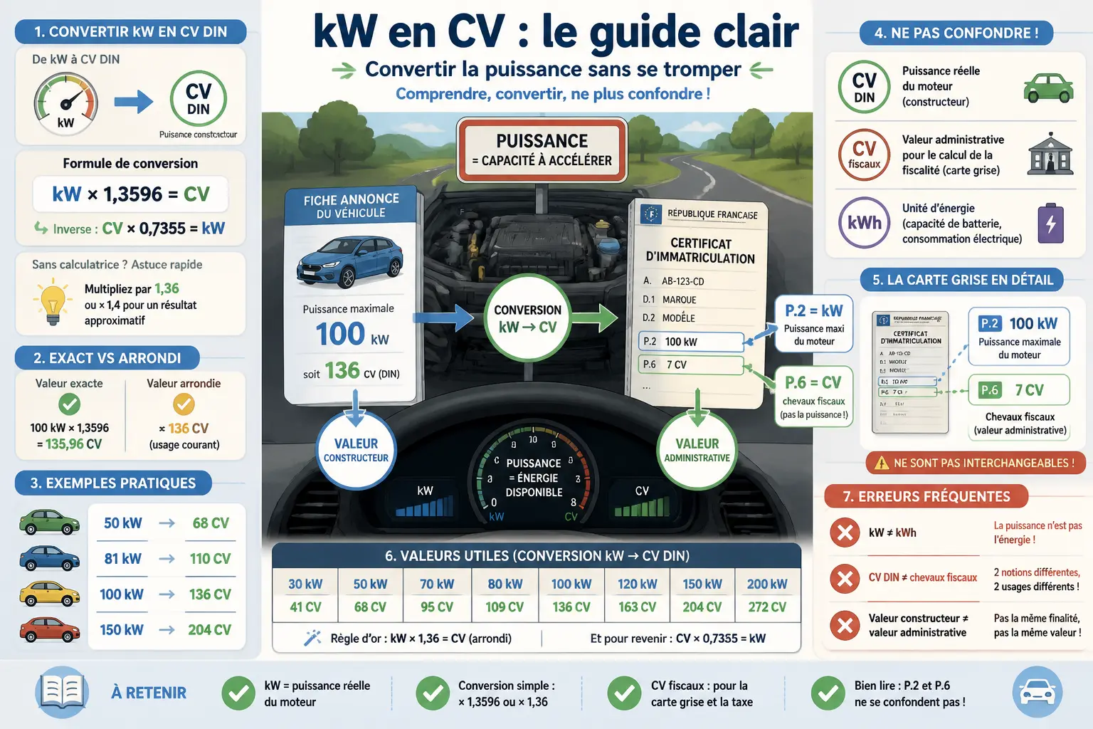 Infographie kw a cv sur la conversion kW en CV, carte grise, moteur, exemples et erreurs à éviter