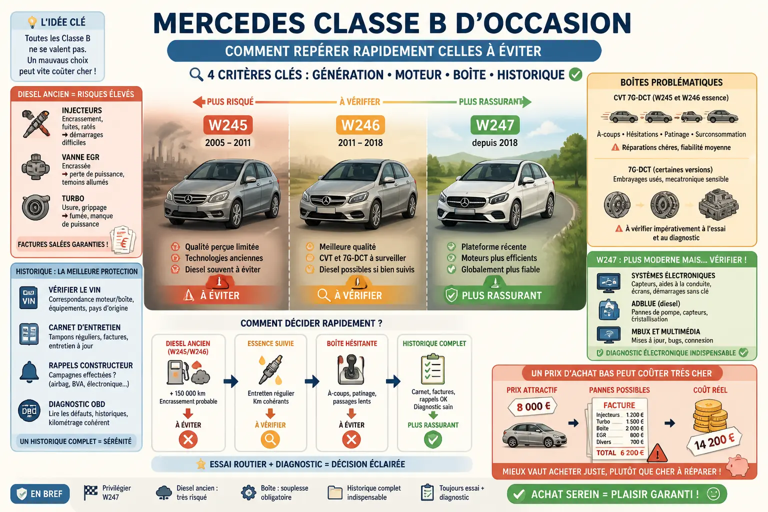 Infographie sur la Mercedes Classe B modèle à éviter : générations, moteurs, boîtes et entretien à contrôler
