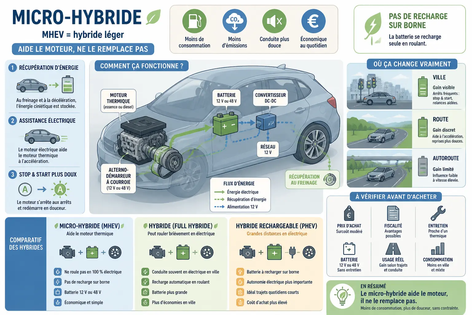 Infographie sur la voiture micro hybride : fonctionnement, récupération d’énergie, stop & start et comparatif des hybrides