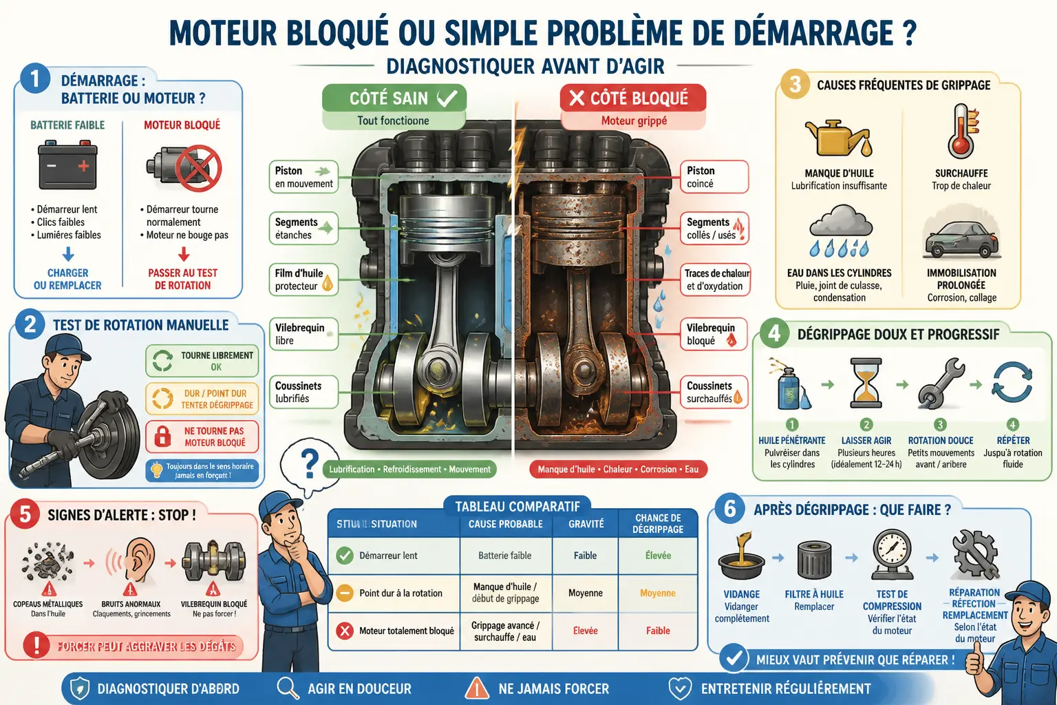 Infographie sur le moteur grippé : diagnostic, causes, test manuel, dégrippage et réparations possibles.
