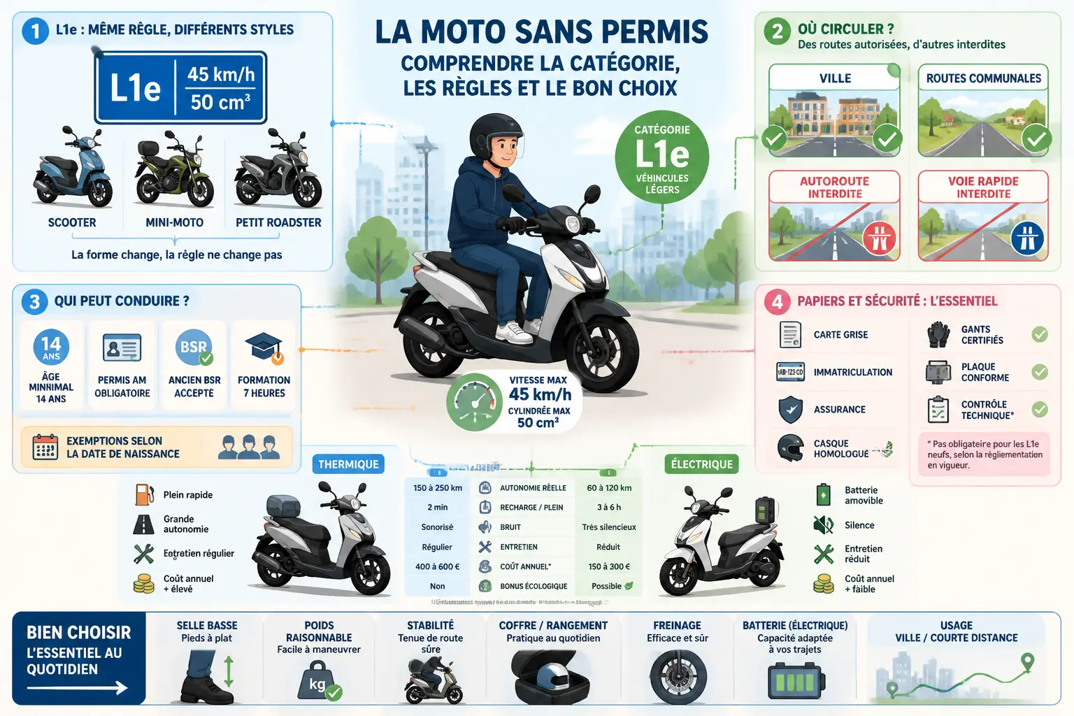 Infographie sur la moto sans permis : catégorie L1e, règles, papiers, sécurité et choix entre thermique et électrique.