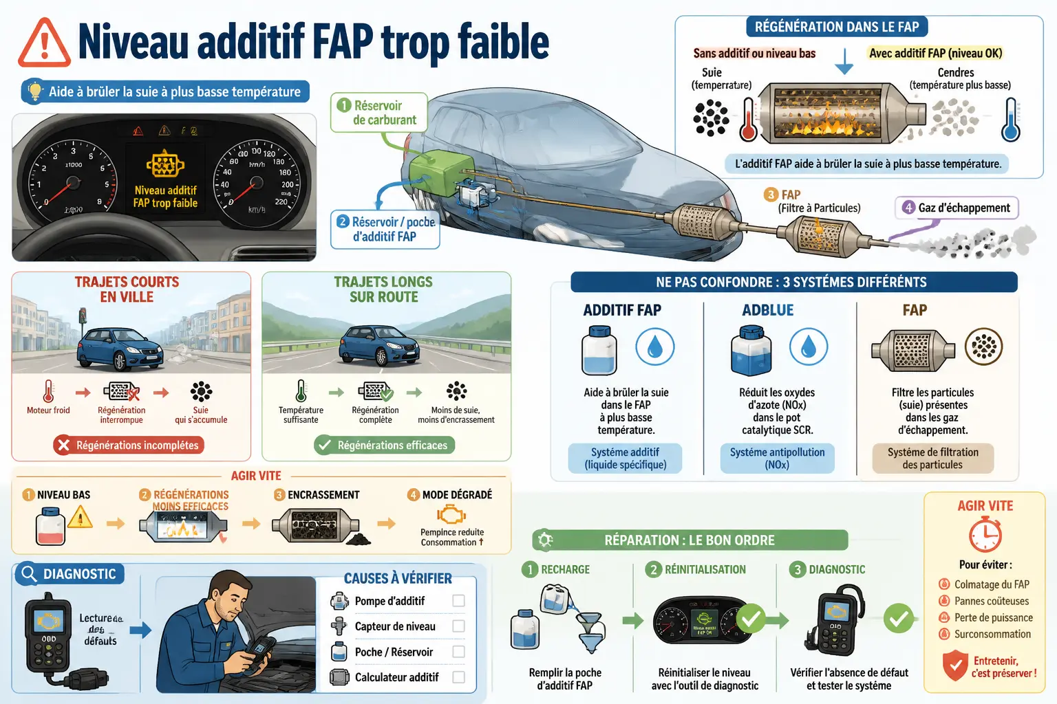 Infographie sur le niveau additif FAP trop faible : schémas, OBD, régénération, colmatage et réparation.