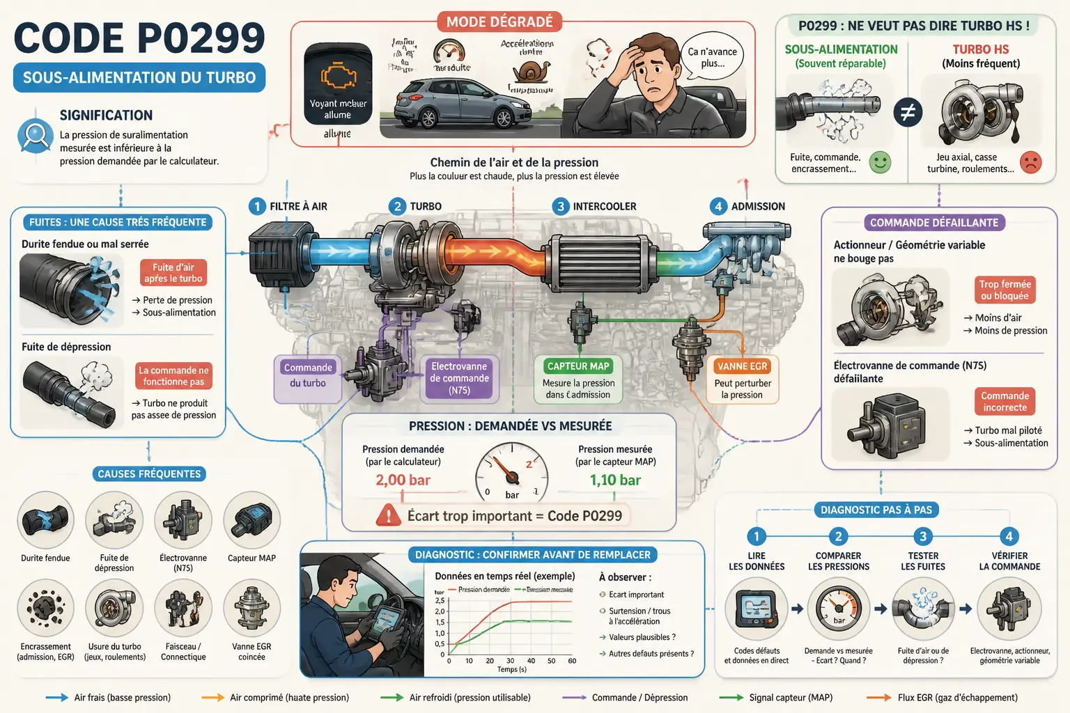 Infographie P0299 sur turbo, symptômes, causes, diagnostic, pression demandée et mesurée, mode dégradé