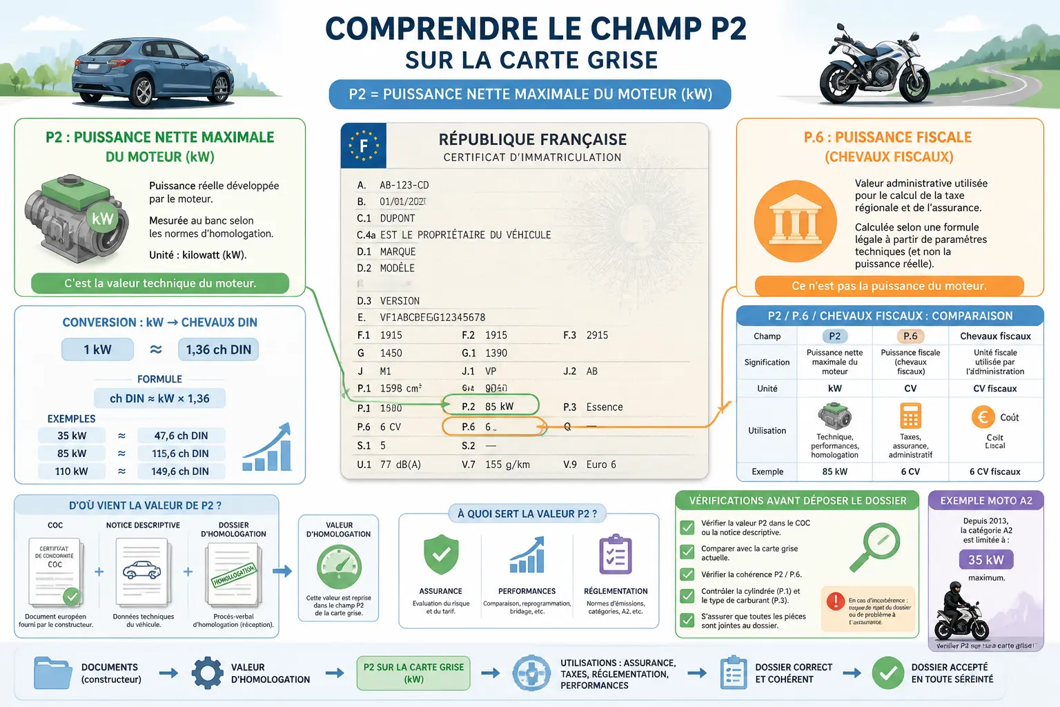 Infographie p2 carte grise : P2, P.6, conversion kW en chevaux DIN et vérifications dossier.