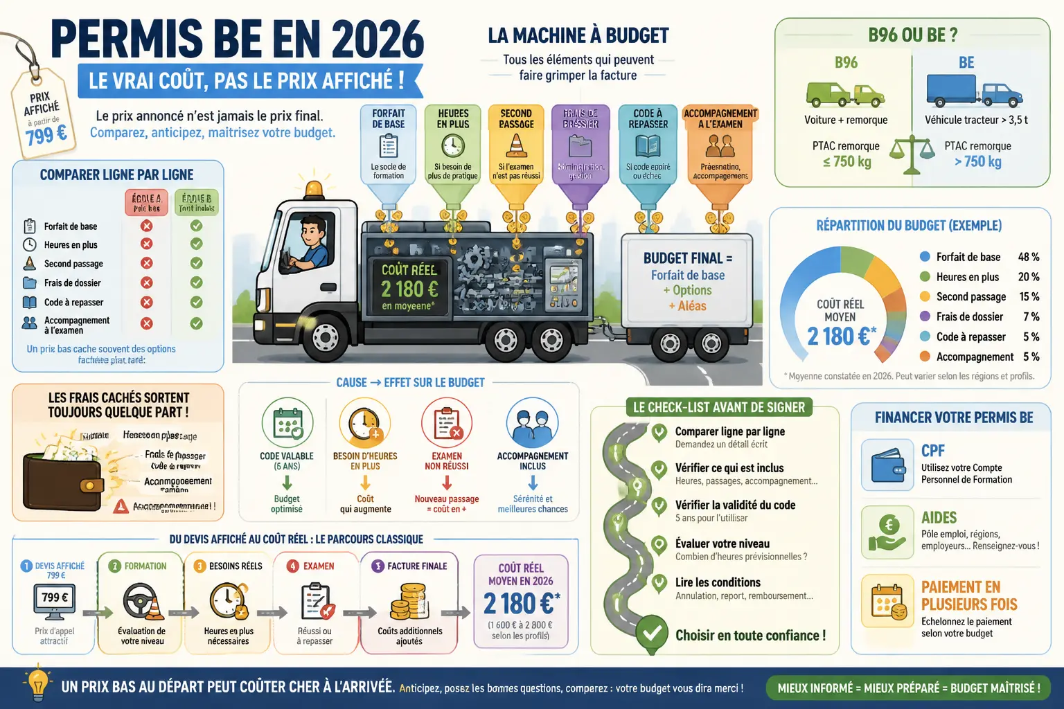 Infographie sur le permis be prix en 2026 : coût réel, frais cachés, B96 ou BE, budget final et aides.