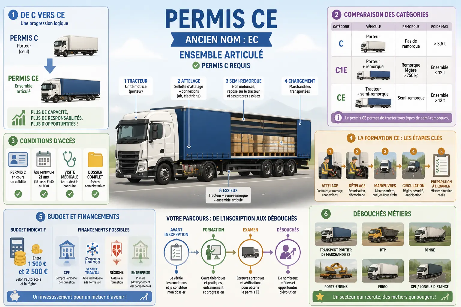 Infographie sur le permis ec : ensemble articulé, conditions d’accès, formation, budget et débouchés
