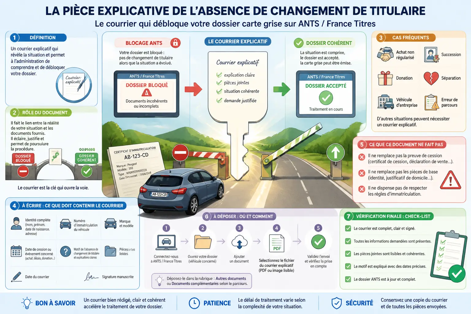 Infographie sur la pièce explicative de l'absence de changement de titulaire pour carte grise ANTS, avec dossier bloqué et lettre clé.