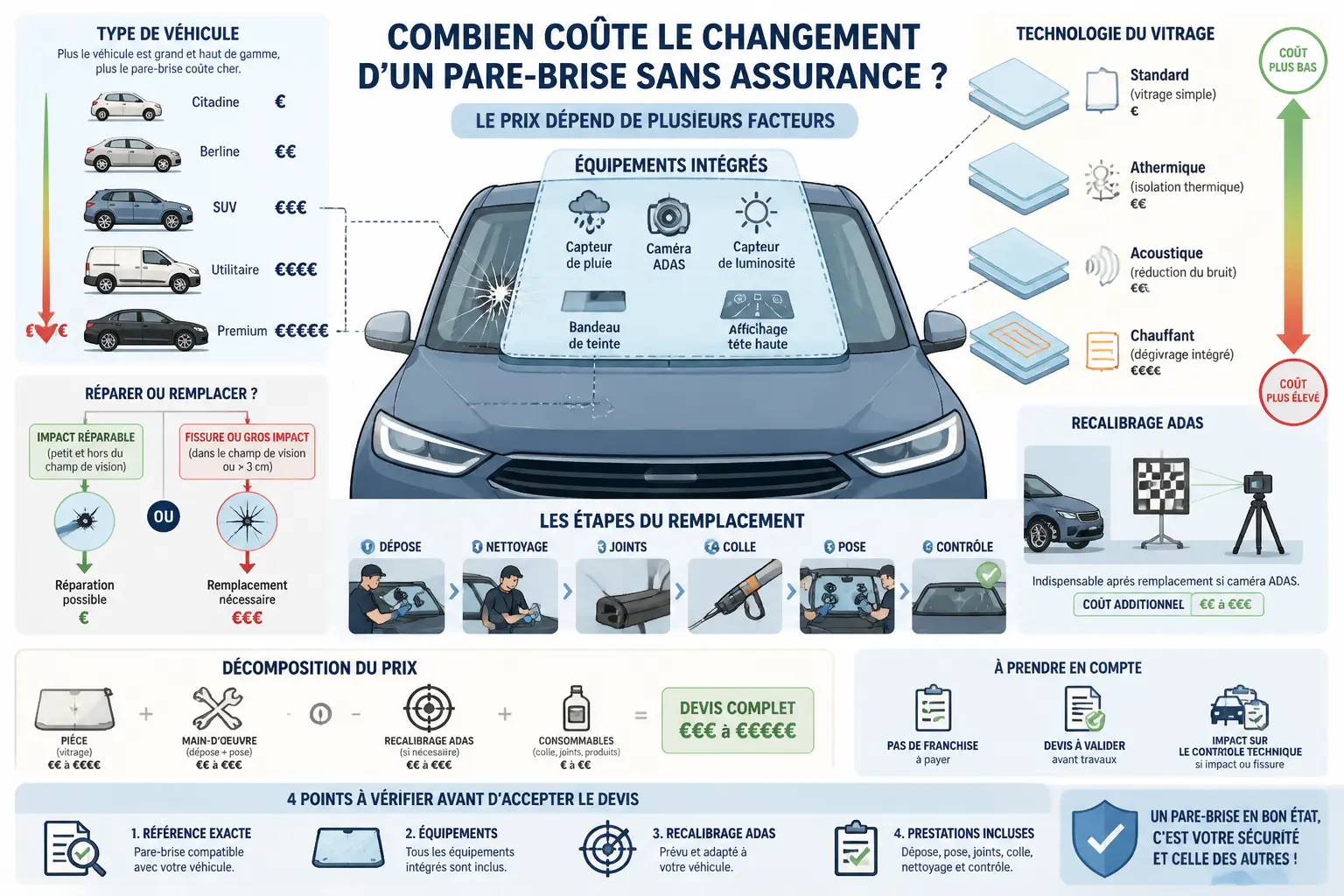Infographie sur le prix remplacement pare brise sans assurance, avec facteurs, étapes et recalibrage ADAS.