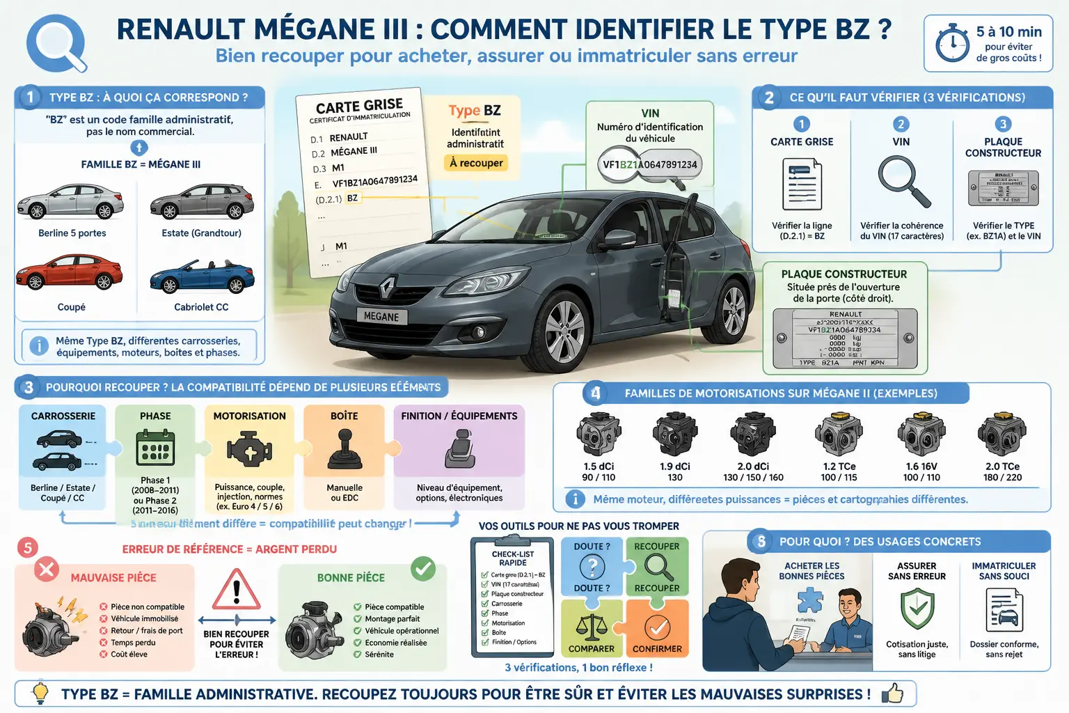 Infographie sur quel est le modele type bz pour ma mégane 3 : carte grise, VIN et plaque constructeur à vérifier.