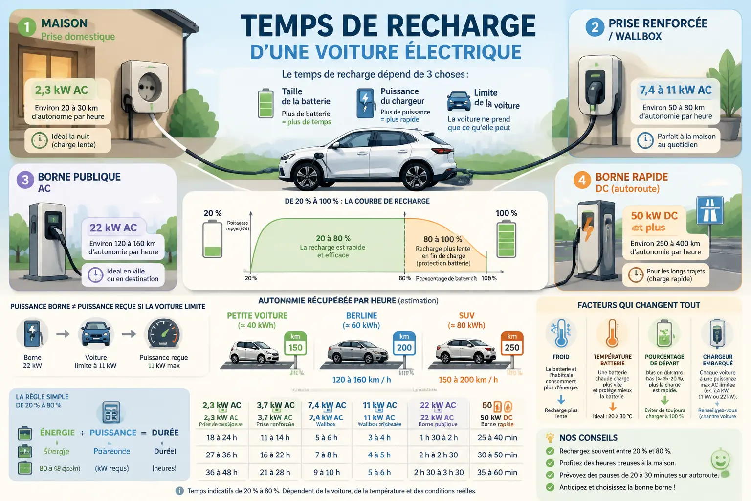 Tableau temps de recharge voiture électrique : infographie comparant maison, wallbox, borne AC et borne rapide DC.
