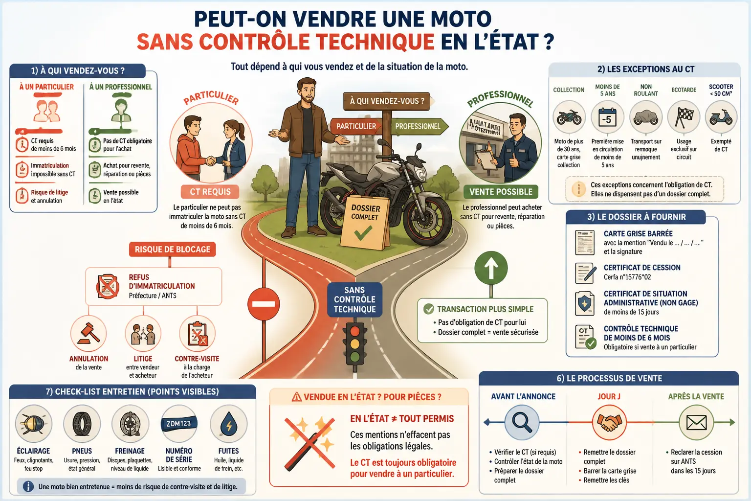 Infographie sur la vente moto sans controle technique en l'état : particulier, pro, documents, risques et exceptions.