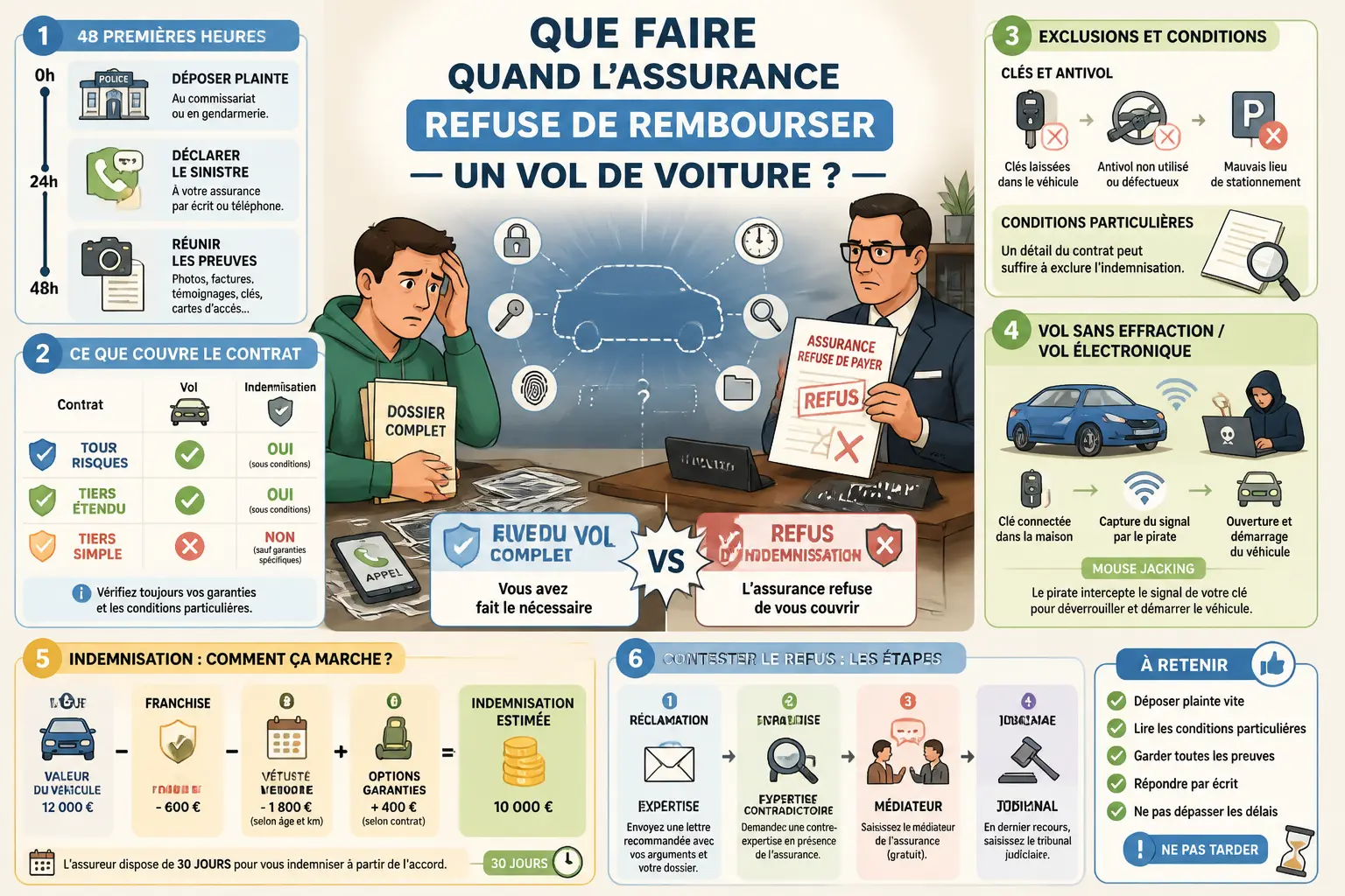 Infographie sur le vol de voiture assurance refuse de rembourser, avec refus, preuves, délais et recours.