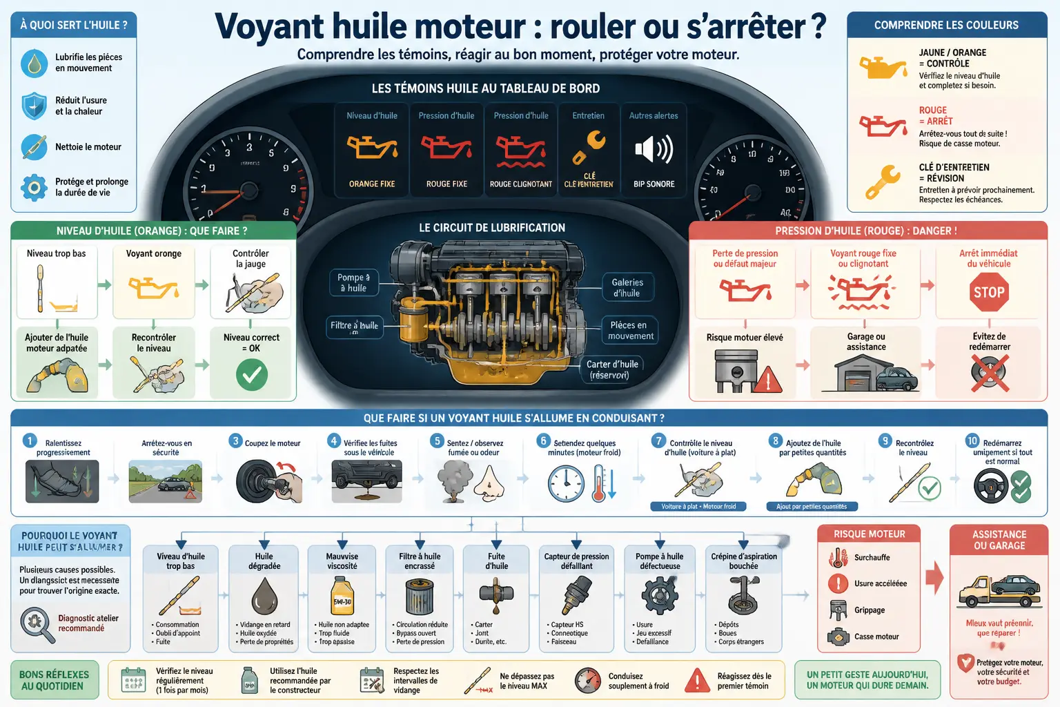 Infographie sur le voyant huile moteur orange : niveau, pression, entretien, causes et actions à faire.