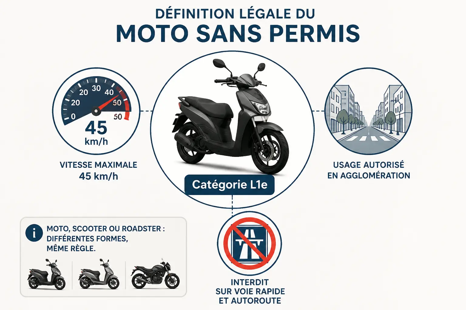Moto sans permis : schéma de la catégorie L1e, limitée à 45 km/h, en ville et hors autoroute.