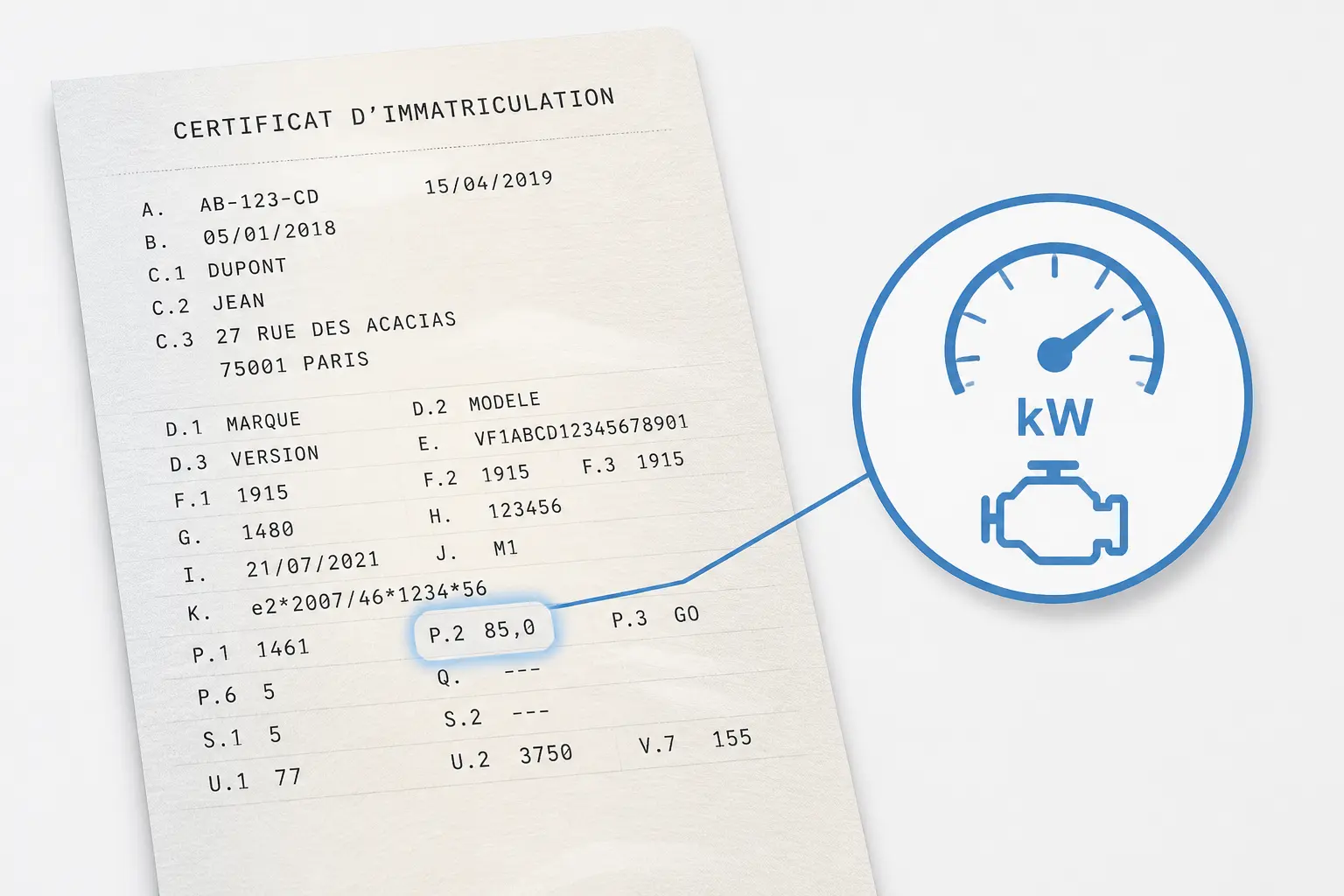 Carte grise française en gros plan avec le champ p2 carte grise mis en évidence et un repère de puissance kW.