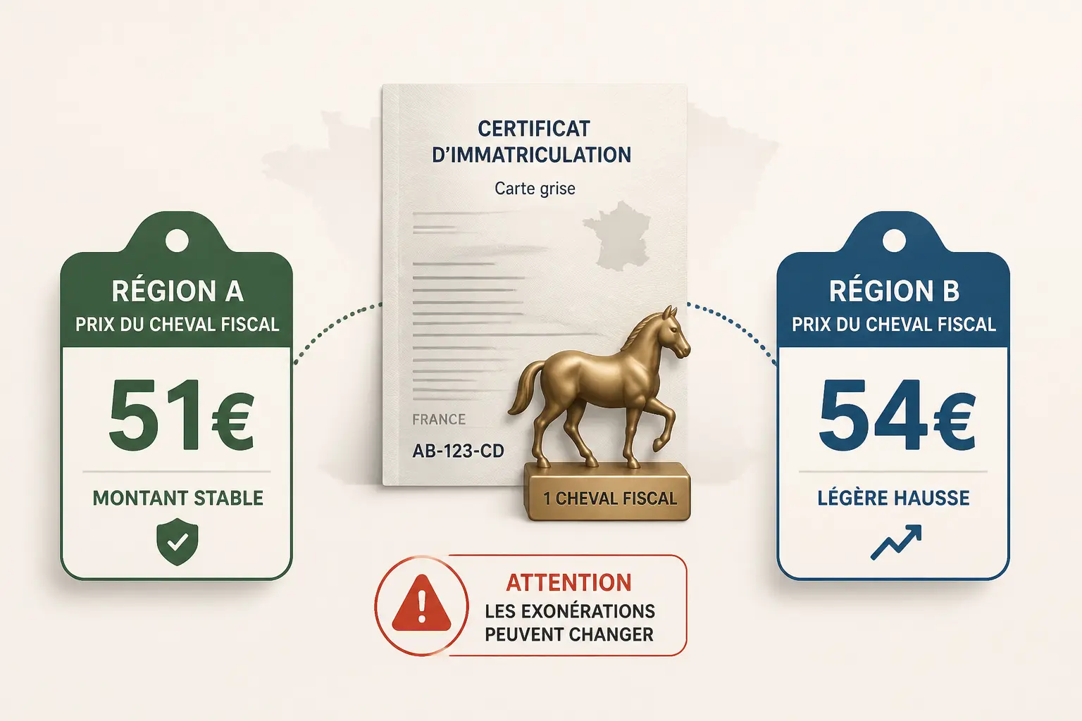 Comparaison du prix carte grise 2026 avec document, cheval fiscal et tarifs régionaux stables ou en hausse