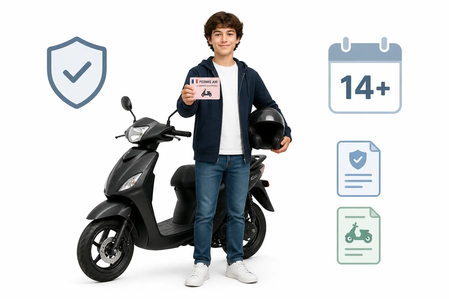 Jeune conducteur avec moto sans permis 50cc, permis AM, casque et documents d’assurance et d’immatriculation.