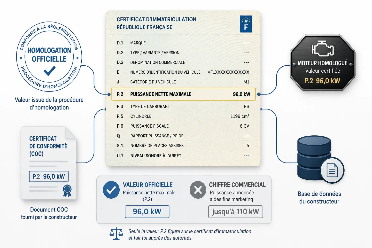 Carte grise p2 mise en avant avec valeur officielle de puissance nette maximale, COC et homologation