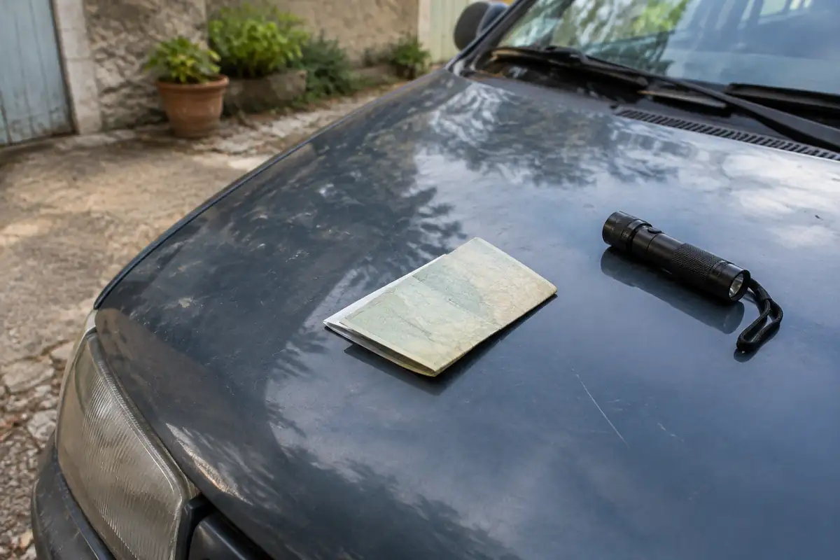 Carte grise pliée posée sur le capot d'une voiture, à côté d'une lampe torche