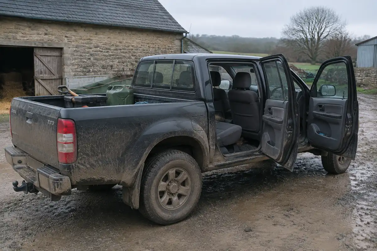 Pick-up double cabine boueux dans une cour de ferme, portières arrière ouvertes sur la seconde rangée de sièges