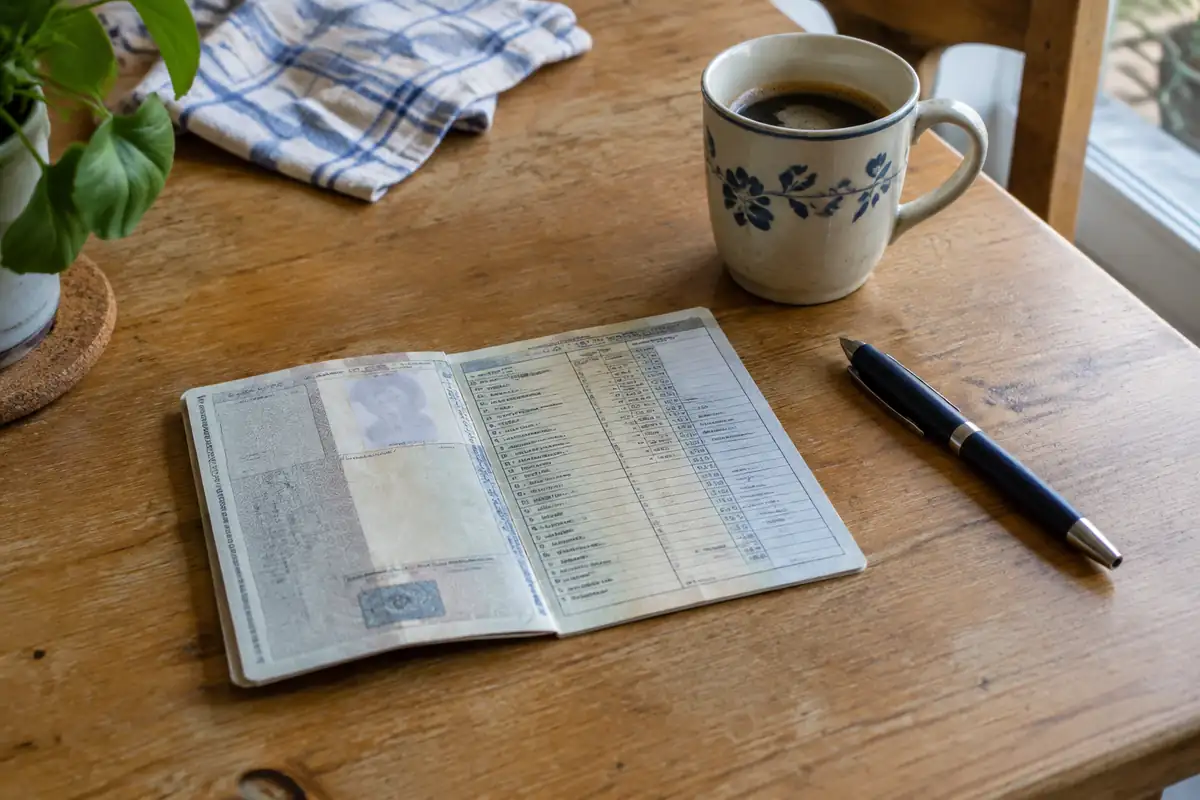 Carte grise ouverte posée sur une table en bois à côté d'un stylo et d'une tasse de café